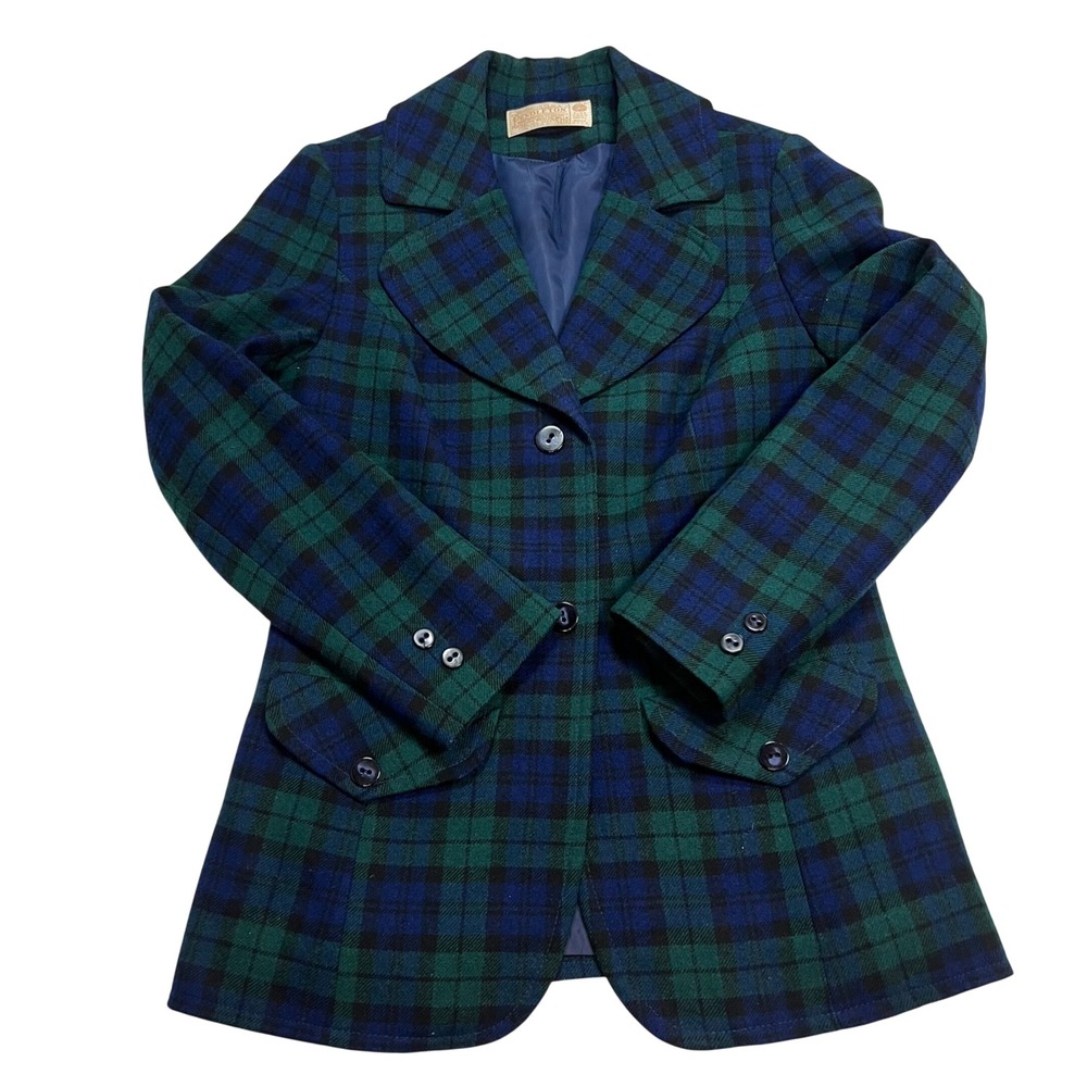 Pendleton Vintage Wool Blazer Black Watch Plaid Tartan Jacket Green Blue Size 10 - Picture 2 of 11